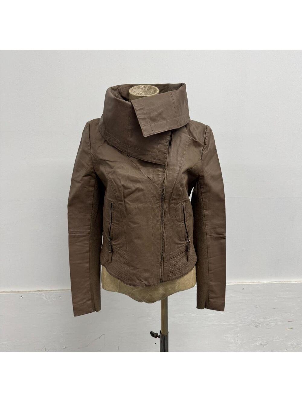Vintage Brown Funnel Neck Asymmetric Avant Garde Leather Jacket